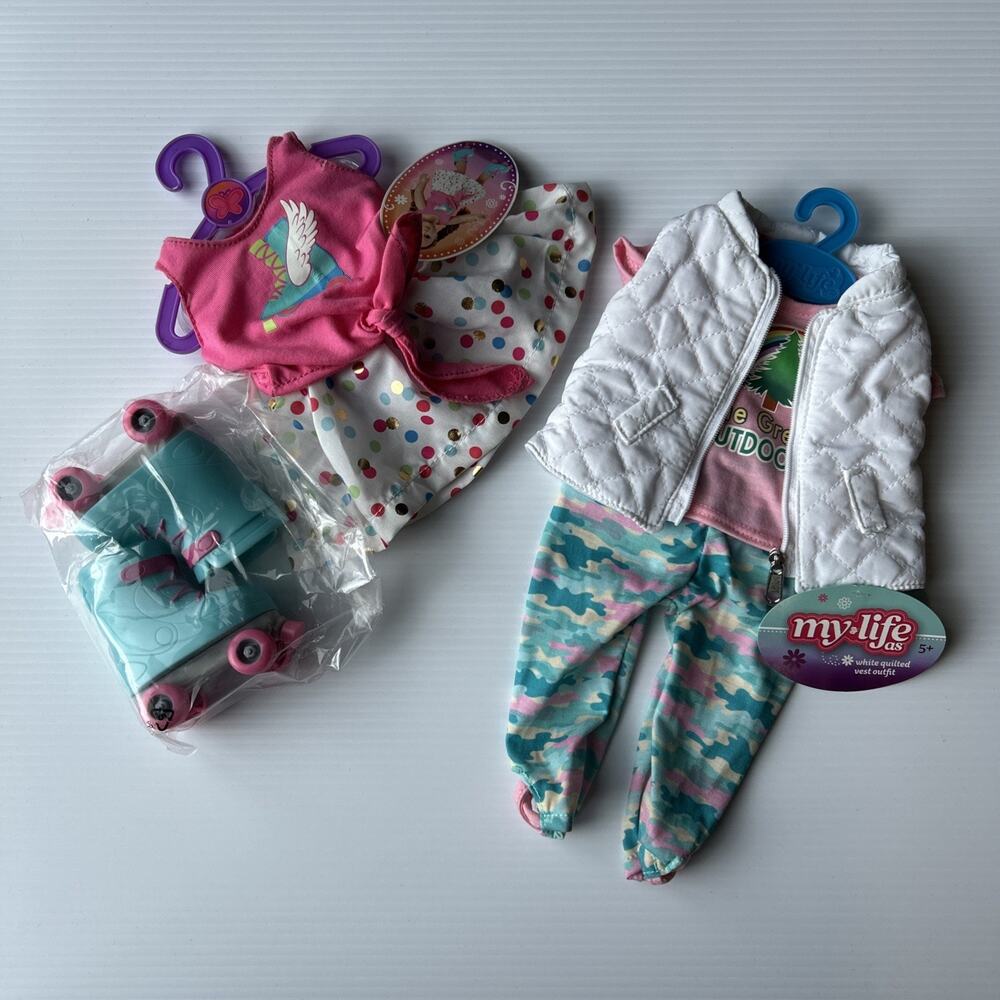 2 My Life as Doll Outfits Roller Skating Camping NWT Skates White Vest Camo NEW